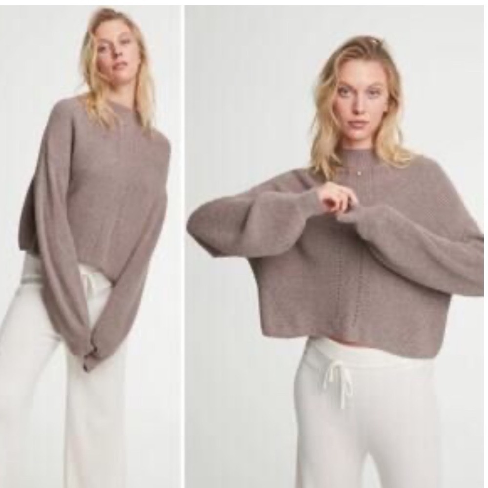 Le ORE Walnut Lodi Brown Merino Wool Blend Ribbed Mock Neck Crop Sweater S XS